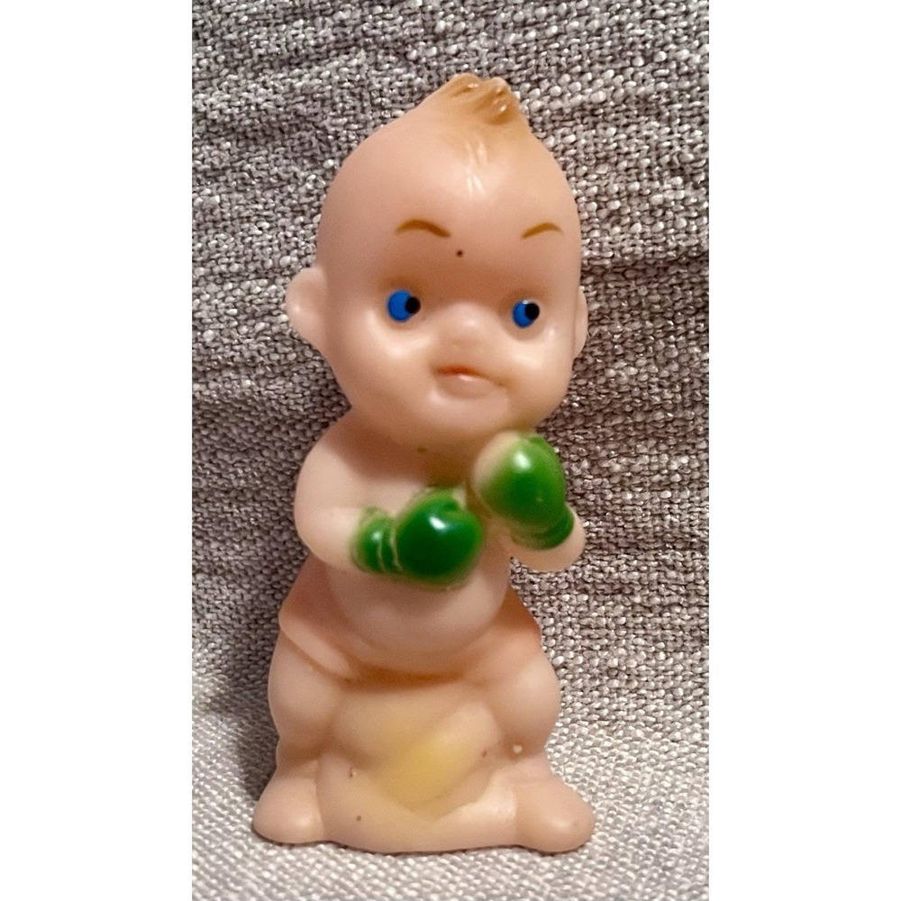 Vintage Rubber Kewpie Baby Boxer Figurine Green Gloves Blue Eyes 3.5 Inch